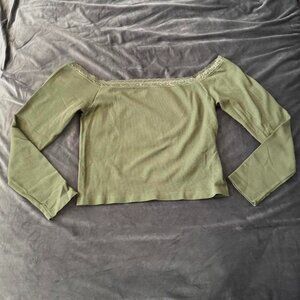 Women's Olive Green cropped off the Shoulder Long Sleeve Top with lace trim